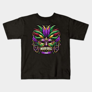 Mardi Gras 2024 Mask And Beads Matching Family Kids T-Shirt